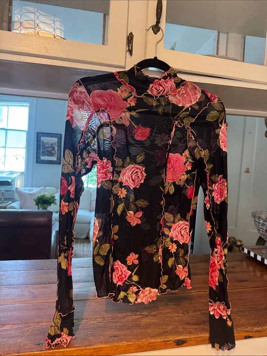 Free People Tops - Free People Black Mesh Floral Top with Pink Roses